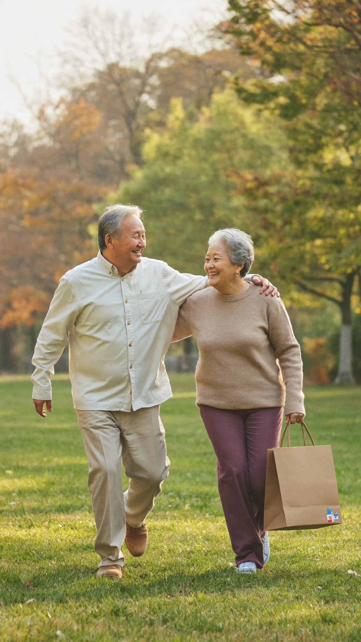 Couple de seniors souriant dans un parc